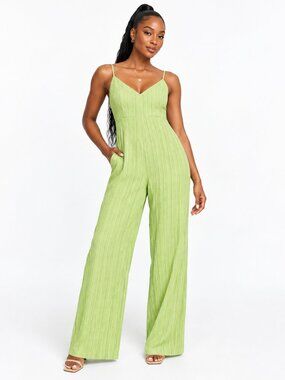 Lola May Plisse Pleated Open Back Tie Wide Leg Jumpsuit Light Green 6 S